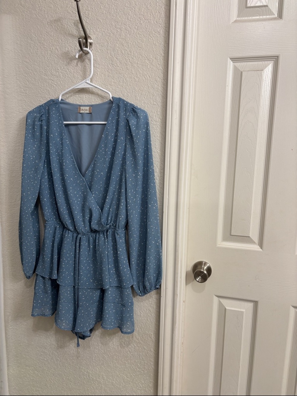Long Sleeve Blue Tiered Wrap Dress Romper